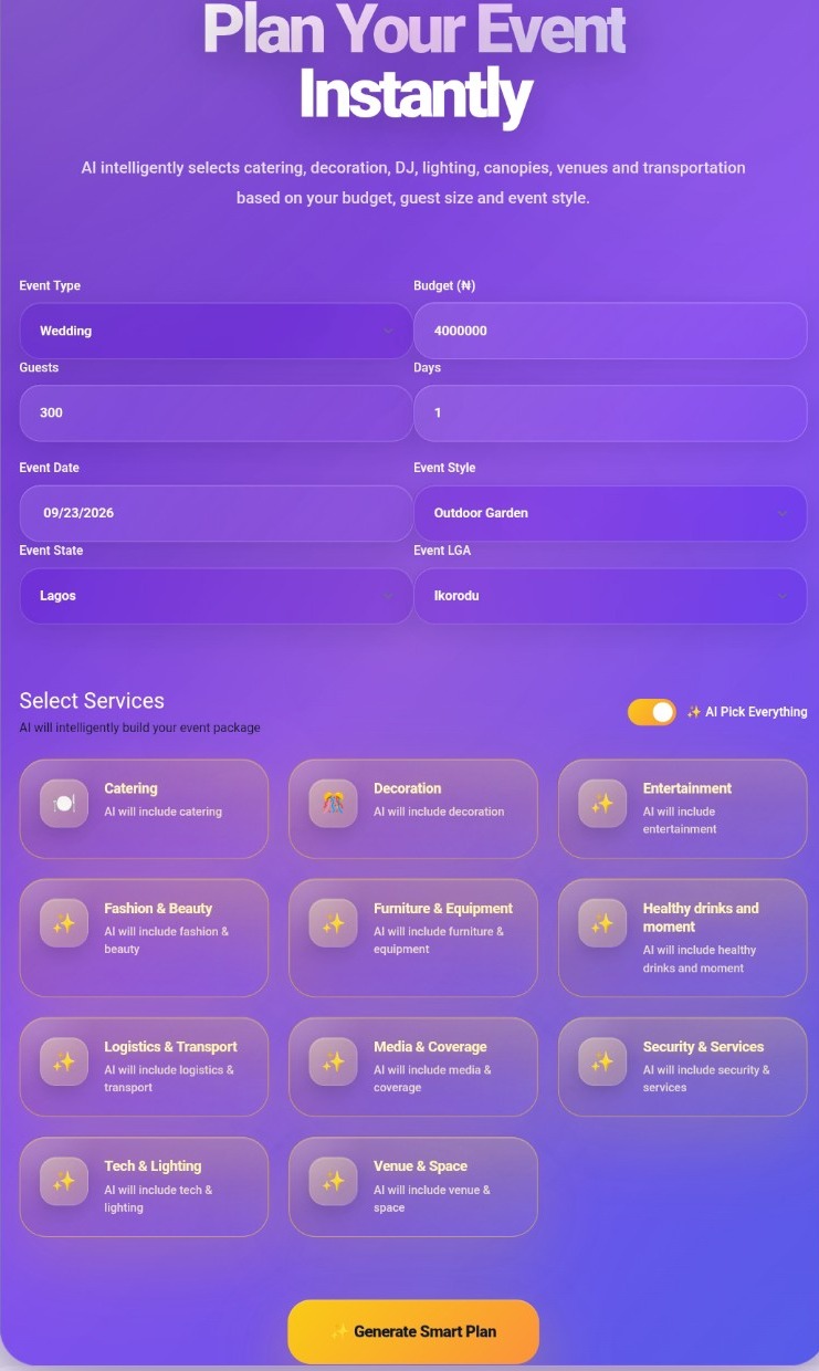 EventRentals AI event planner form