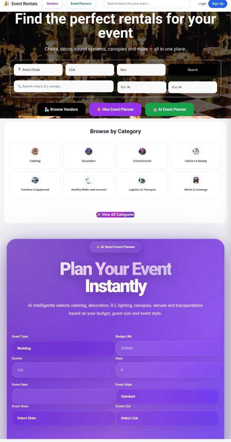 EventRentals marketplace interface