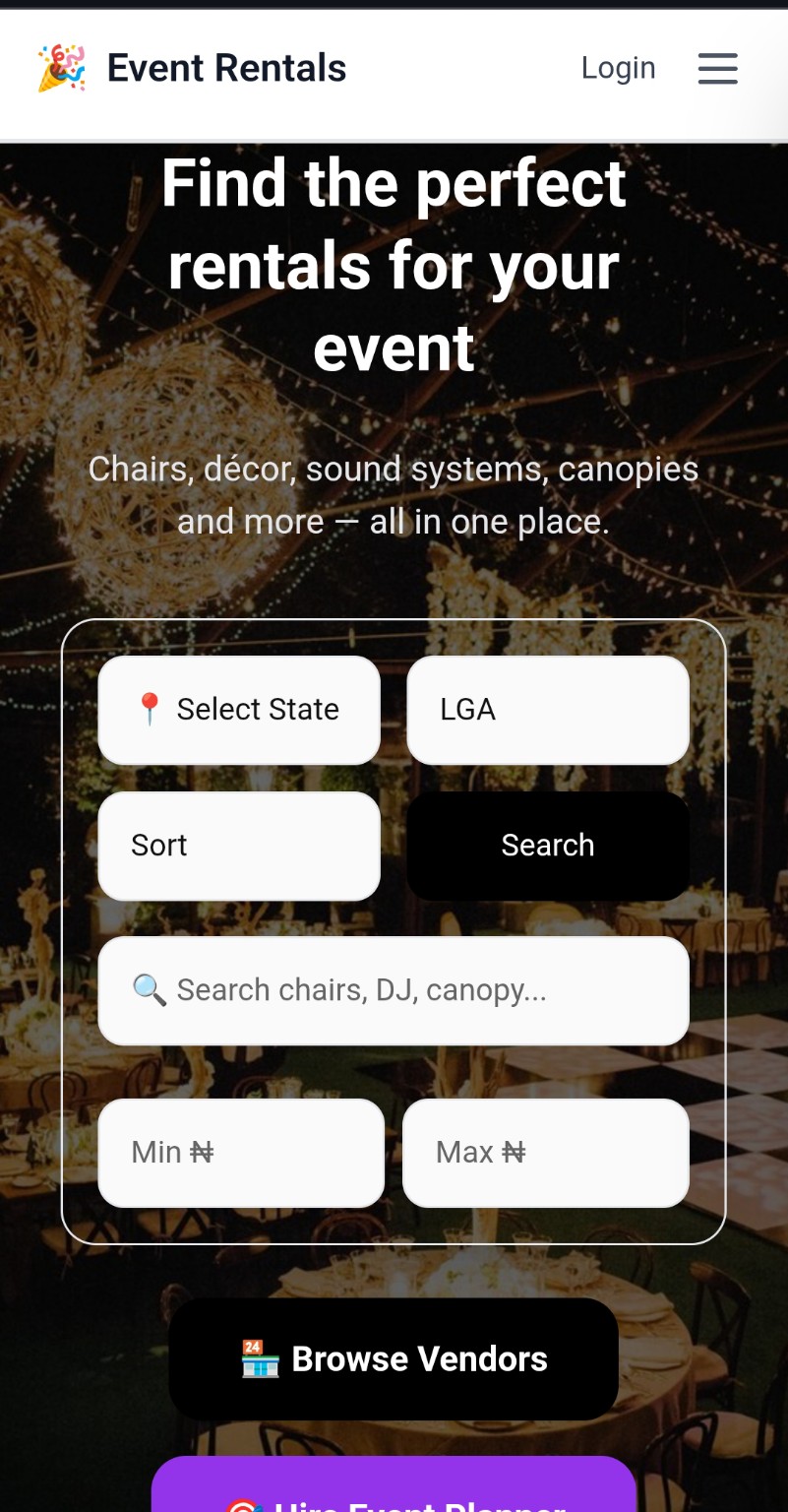 EventRentals responsive mobile interface