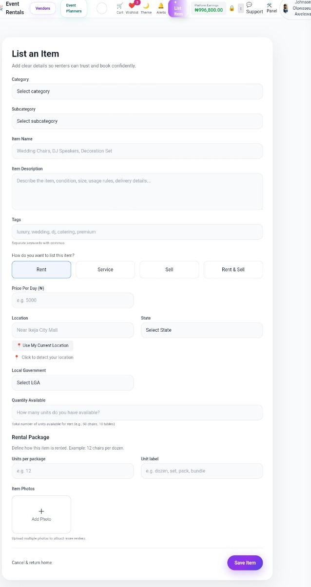 EventRentals vendor listing workflow